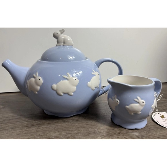 Kate Williams Global Design Blue Easter Bunny Rabbit Ceramic Teapot And Creamer - Picture 1 of 10